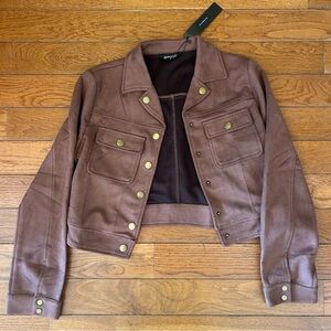 NEW Allegra K Faux Suede Cropped Jacket Button Front Winter Coat Brown Medium